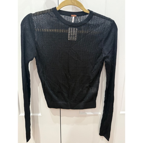 Free People Black Sheer Mesh Knit Cropped Long Sleeve Sweater Top S - Picture 4 of 8
